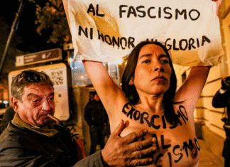 ¡Detenido el Agresor de las Activistas de Femen en el Acto por Franco: «No Toque, No Toque» – ¡Un Toque Indeseado que Enciende la Ira en Madrid y Provoca una Detención Inmediata! Un hombre agrede a una activista de Femen durante una protesta con motivo del aniversario del 20-N REUTERS/Violeta Santos Moura