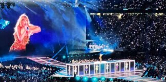 Taylor Swift revoluciona las redes sociales con el videoclip de ‘Opalite’ y su desfile de celebrities a crowd of people watching a woman on a stage