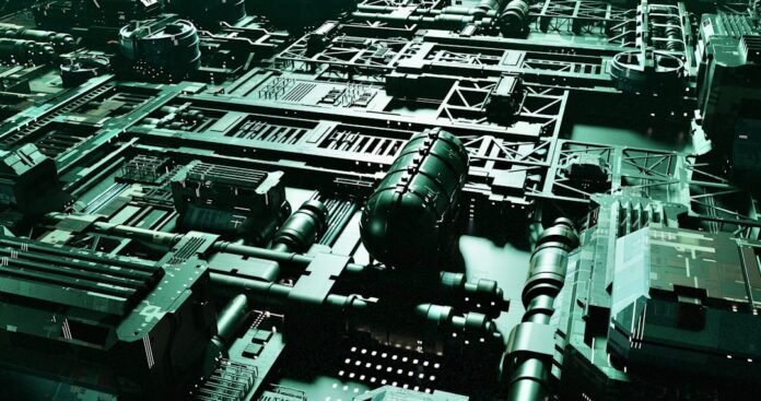 an aerial view of a large industrial area