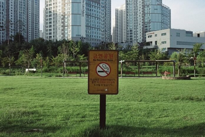 No smoking sign in a grassy park with buildings behind.