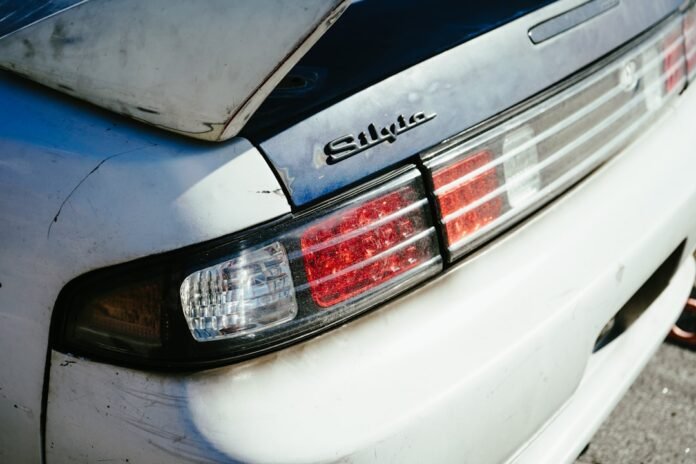 a close up of the tail lights of a car