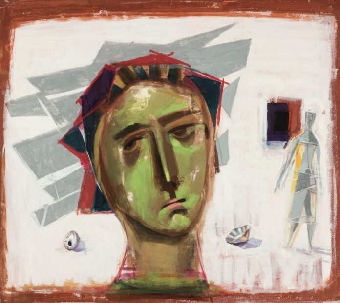 Green head with abstract shapes and figures