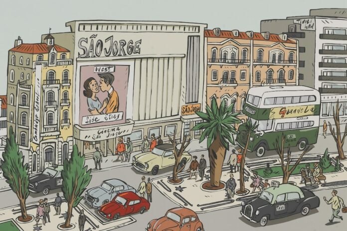 Vintage street scene with cinema and double-decker bus