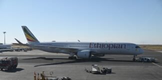 La gestión aeroportuaria entre el Estado y las autonomías: un debate constitucional en evolución Ethiopian airlines airplane parked on tarmac at airport.