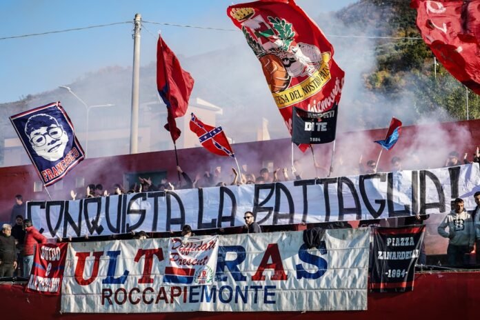 Fans wave flags and banners at a sporting event.