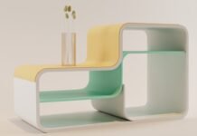 La revolución del mobiliario modular: cómo transformar espacios con sistemas flexibles de almacenaje a white and yellow shelf with two vases on top of it