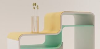 La revolución del mobiliario modular: cómo transformar espacios con sistemas flexibles de almacenaje a white and yellow shelf with two vases on top of it
