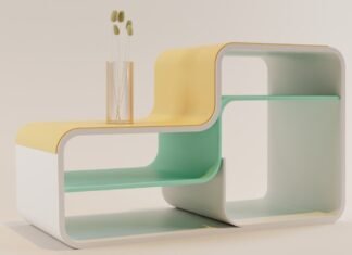 La revolución del mobiliario modular: cómo transformar espacios con sistemas flexibles de almacenaje a white and yellow shelf with two vases on top of it