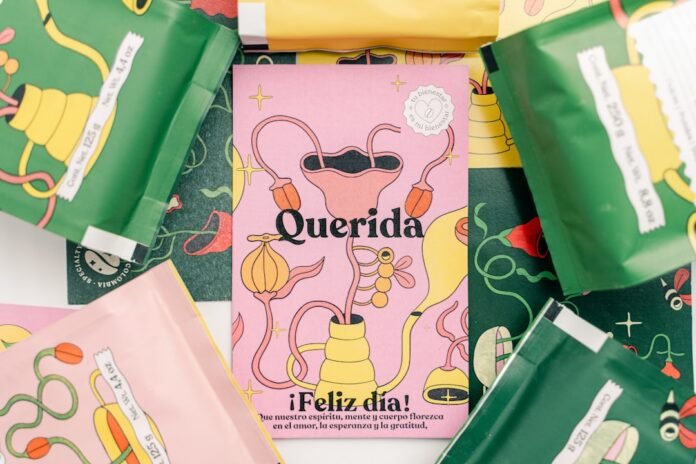 Pink packaging with uterus illustration and text