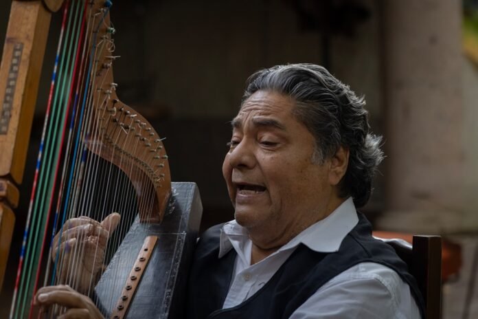 Man playing a harp with his hands