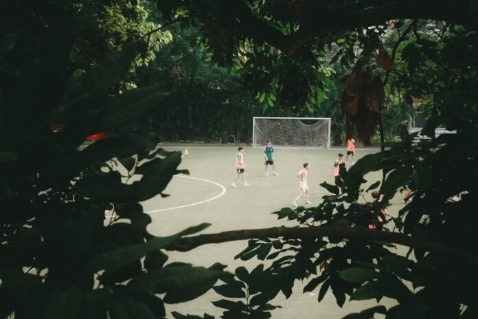 People playing soccer on a field framed by green leaves.