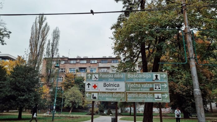 a street sign in front of a large building