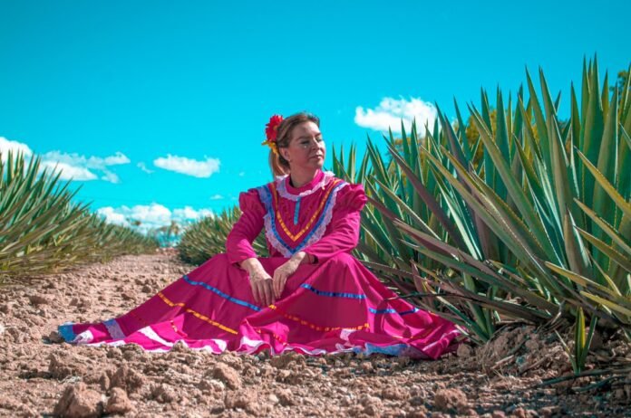 woman wearing white and pink maxi dress sitting on brown soil