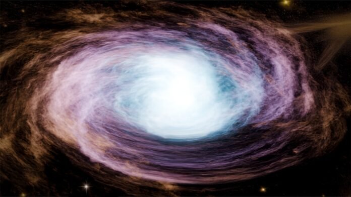 A vibrant, swirling galaxy with a bright center