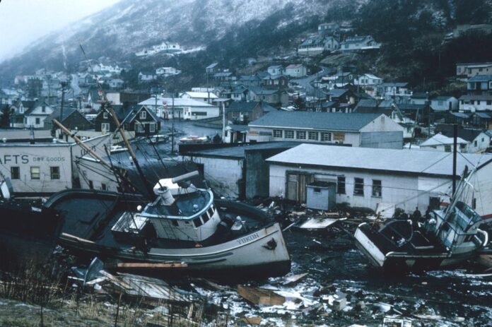 Fishing boats grounded on debris in a coastal town after a natural disaster