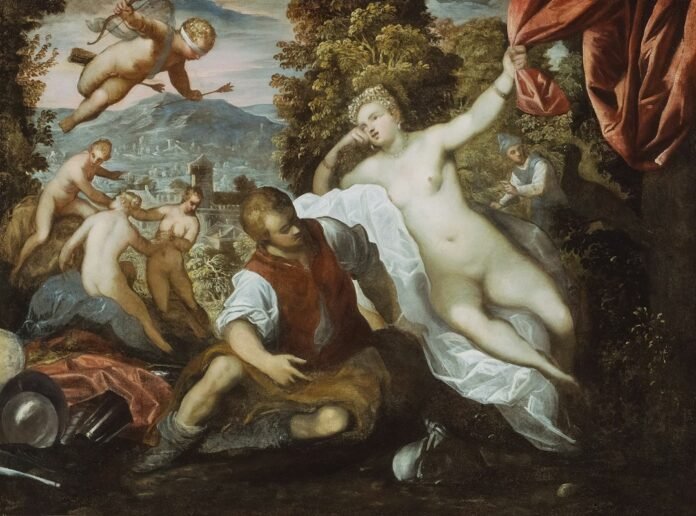 Nude woman reclining with man in forest
