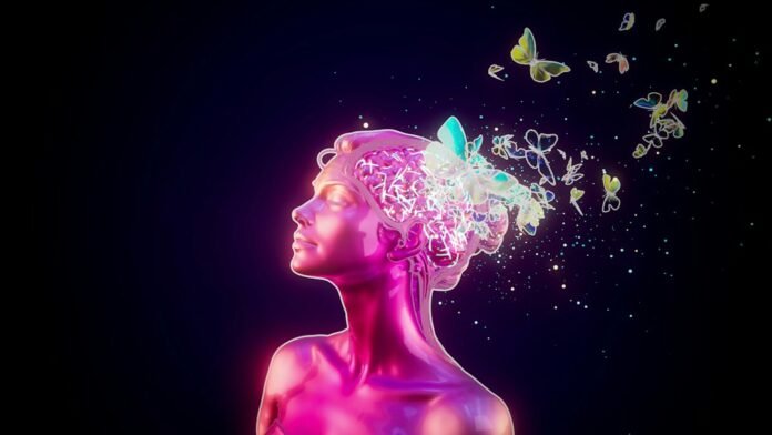 Woman's head exploding into butterflies and glitter
