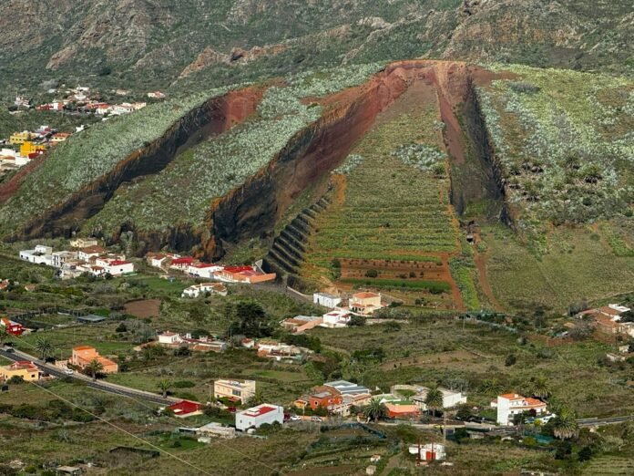 An aerial view of a small town in the mountains